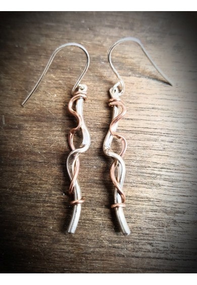 Torque Silver Double Twisted Long Earrings with Rose Gold